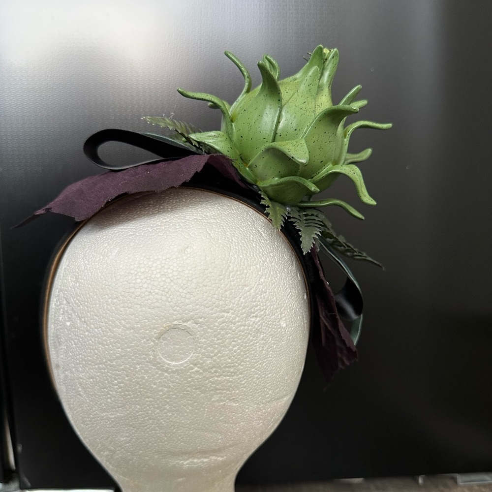 Handmade Designer Fascinator Headband Black Green Purple Thistle Artichoke Bow - Picture 2 of 16